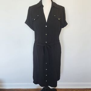 White House Black Market Short Sleeve Shirt Dress Jeweled Button Tie Waist